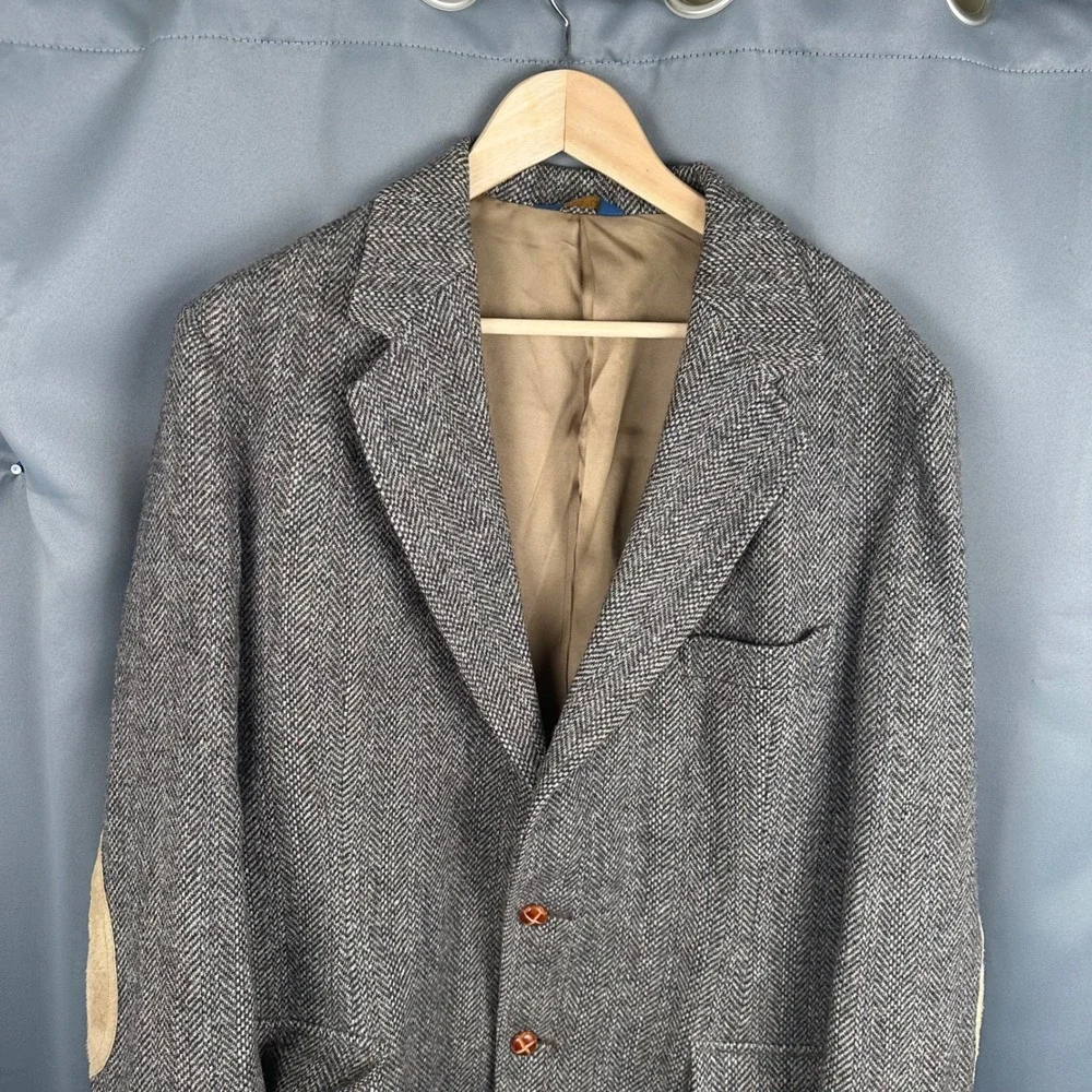 Vintage Pendleton Mens Grey Herringbone Wool Blazer Suede Elbow Patches 48 Long